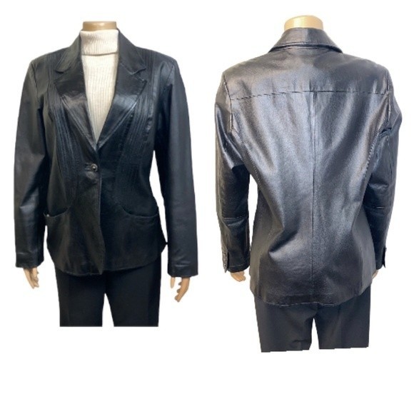 90s D & Co Leather Blazer Jacket Black animal print Lined size L - Picture 4 of 17